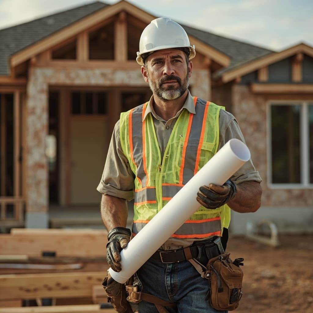 Construction contractor in a hard hat and safety vest at a Texas job site, representing business and contractor insurance