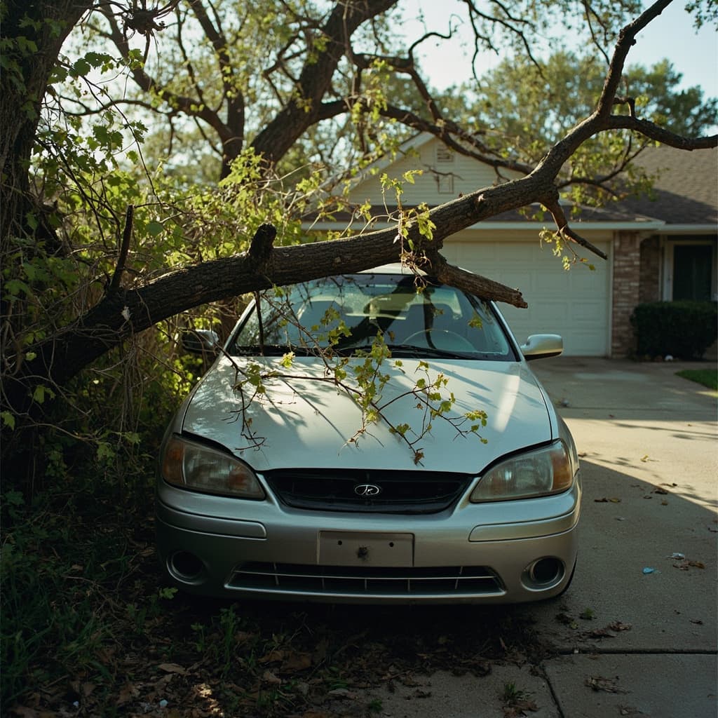 Fallen tree branch resting on a car in a Texas driveway after a storm, representing casualty insurance claims