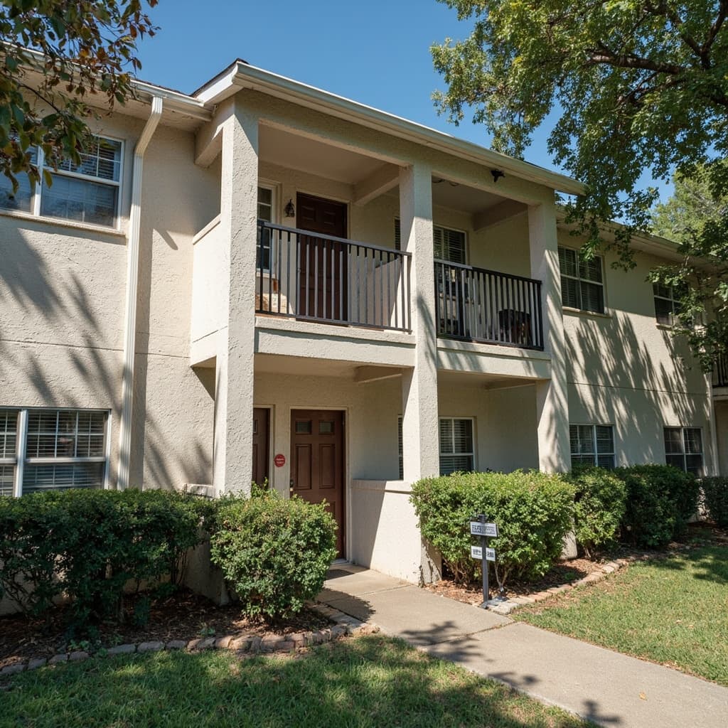 Two-story rental apartment building with balconies in Texas, representing landlord and renters insurance