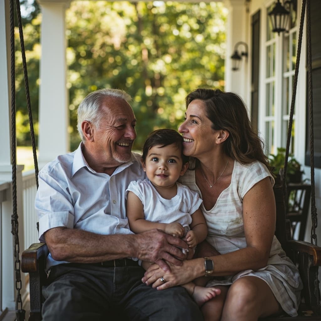 Grandfather, mother, and grandchild smiling together on a porch swing, representing life insurance protecting multiple generations