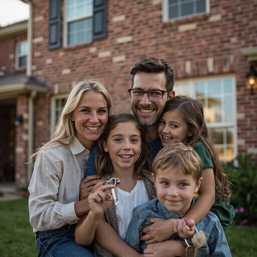 Family of five smiling in front of their brick home holding house keys, representing mortgage protection insurance