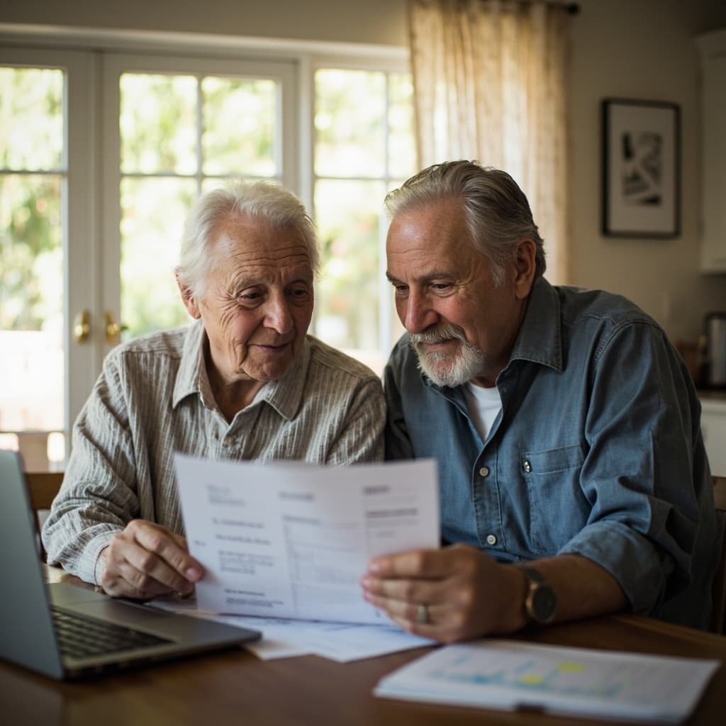Two retirees reviewing financial and annuity documents together at home, representing umbrella and annuity planning